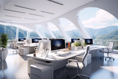 modern open space office with computer monitors on white desks © PhuongNam