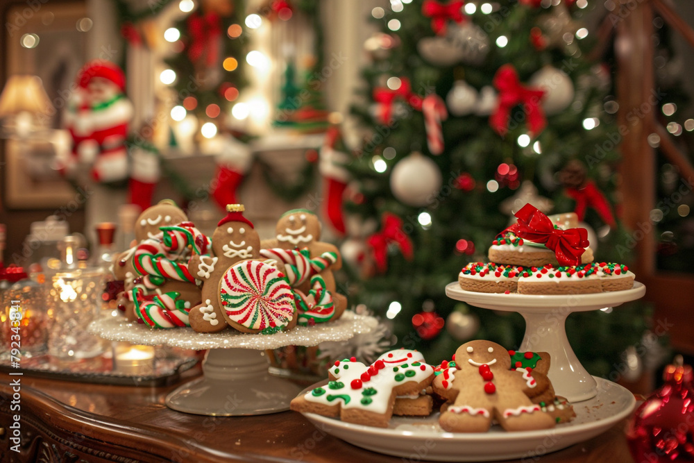 Cozy Christmas bakery scene with gingerbread cookies, decorated with icing and candy, holiday decorations in the background