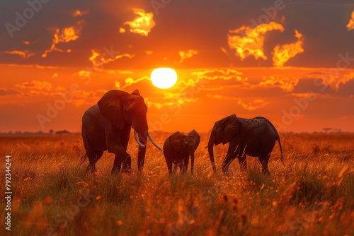 A family of elephants trekking across the savannah at sunset, a testament to the wilds enduring spirit © Vilaysack