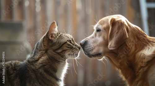A dog and a cat greeting each other with a friendly sniff, noses touching.