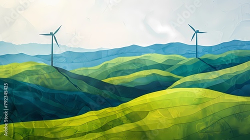 rural wind turbine farm in green rolling hills illustration poster background