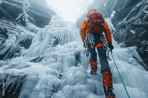 An ice climber ascending a frozen waterfall, the ice axes and crampons glinting in the cold light photo