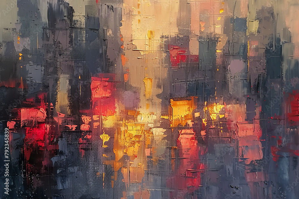 A painting of a cityscape with a lot of reds and oranges A painting of a cityscape with a lot of reds and oranges