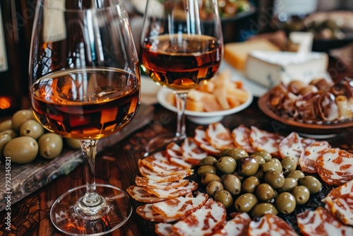 Sampling Andalusian sherry wines with Spanish tapas olives and cheeses
