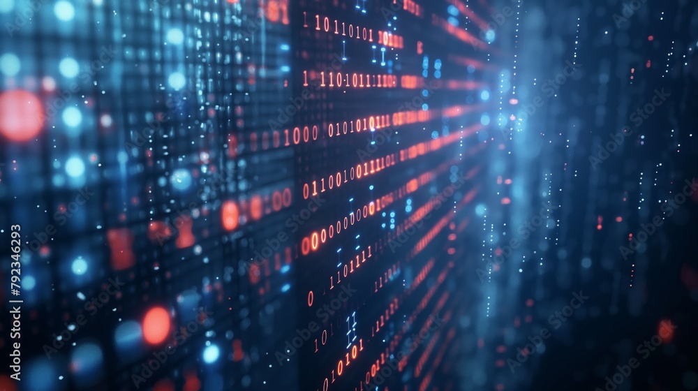 Fototapeta premium Cyber Pulse: A Binary Code Symphony, Visualizing the Rhythm of Data in Digital Space