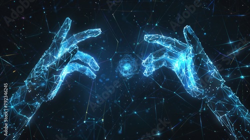 The hands of manipulators of the robot from futuristic polygonal blue lines and glowing stars for banner, AI generated