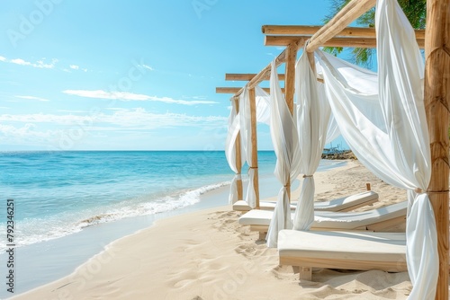 Scenic white beach with cabanas and luxury sunbeds for relaxation by the ocean