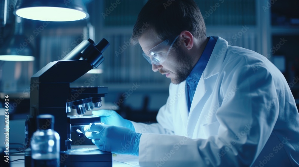 Man in lab coat is looking through microscope Man in lab coat is looking through microscope