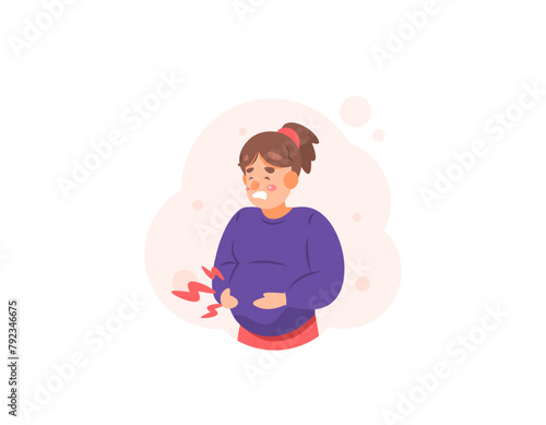 illustration of a pregnant woman looking in pain. stomach pain and cramps when pregnant. health problems in pregnant women. stomach ache. flat or cartoon style character illustration design