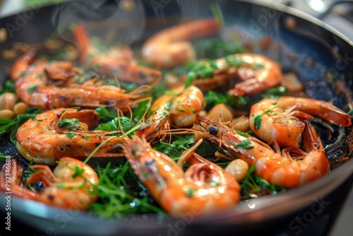 Shrimp greens garlic on grill pan
