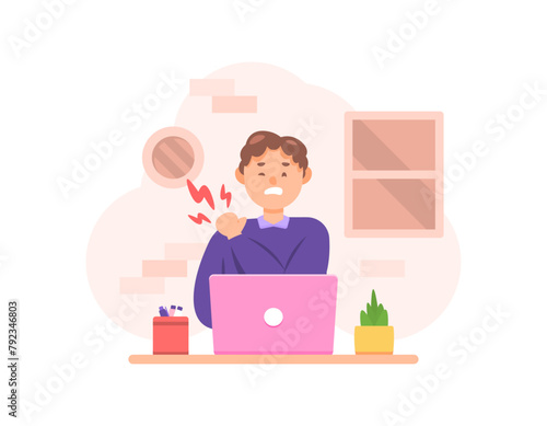 illustration of a man feeling pain in his shoulder. shoulder pain when working. Shoulder muscles are sore and stiff due to working too long. health problems in workers or employees. character
