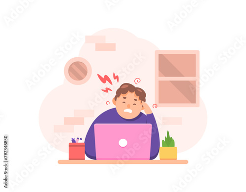 illustration of a man feeling a headache. headache and dizziness when working. headaches from working too long. health problems in workers or employees. flat style character illustration design