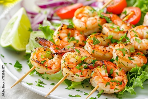 Skewered grilled shrimp with lime slices and salad