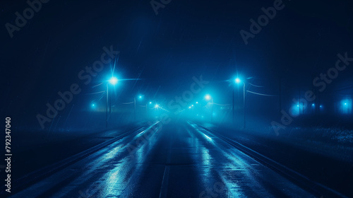 Night time foggy street view with streetlights along the road