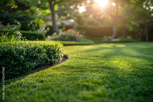 Smooth lawn of Bermuda grass with curved bushes and trees in a sunny garden photo