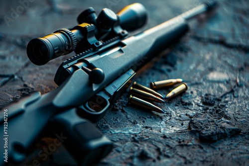 Sniper rifle with cartridges on dark background for long range shooting photo