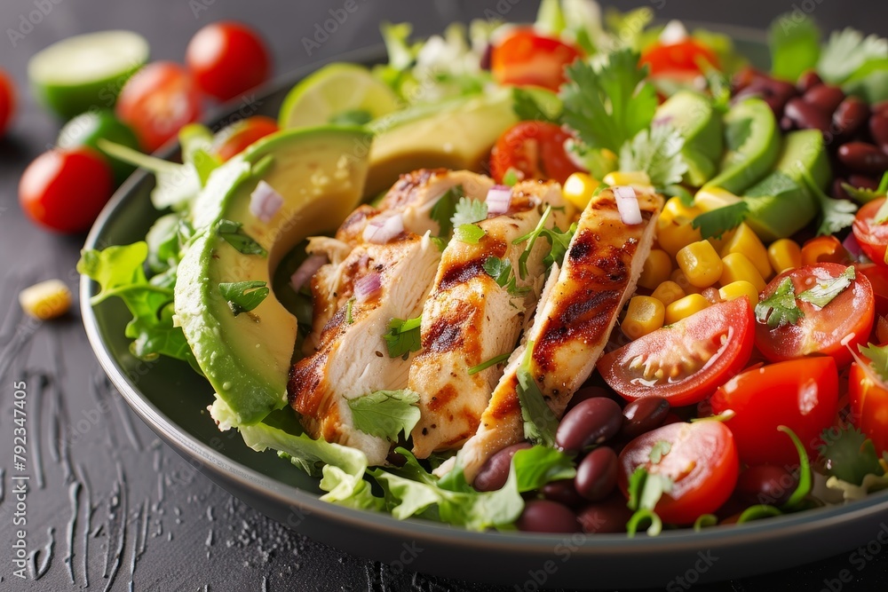 Southwestern chicken salad with grilled chicken avocado tomatoes corn beans lettuce and creamy cilantro dressing Southwestern chicken salad with grilled chicken avocado tomatoes corn beans lettuce and creamy cilantro dressing