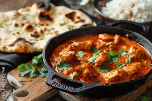 Spicy chicken curry with rice and naan bread in cast iron pot on wooden surface