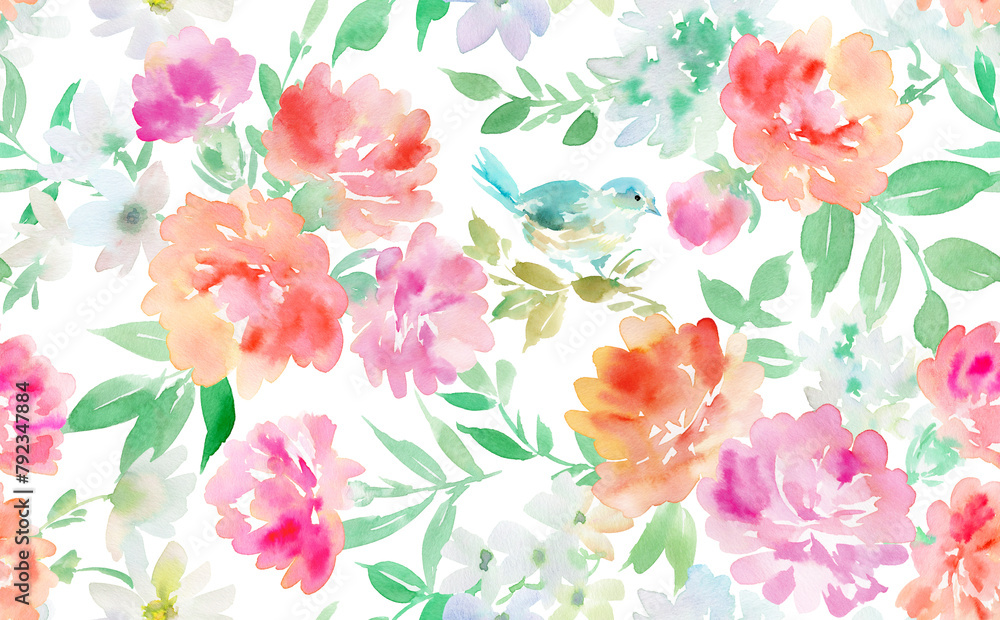 Seamless pattern illustration of carnations and a blue bird with a watercolor background and transparency