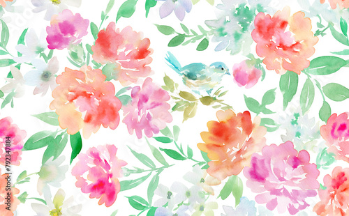 Wallpaper Mural Seamless pattern illustration of carnations and a blue bird with a watercolor background and transparency Torontodigital.ca