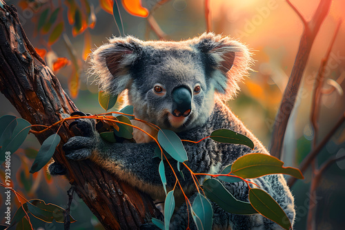 Koala Bear Sit On The Branch of the tree and eat leaves 4K Wallpaper