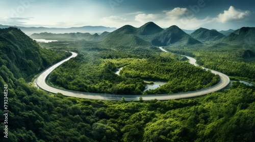 Road cutting through a dense rainforest, top view, showcasing the delicate balance between infrastructure and natural habitats