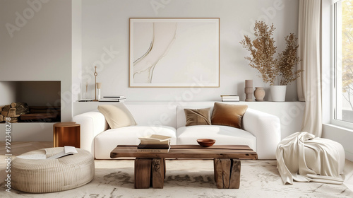 Modern interior japandi style design living room in natural tones. elegant accessories, minimal decor. Simplicity and natural beauty， 3D Render 