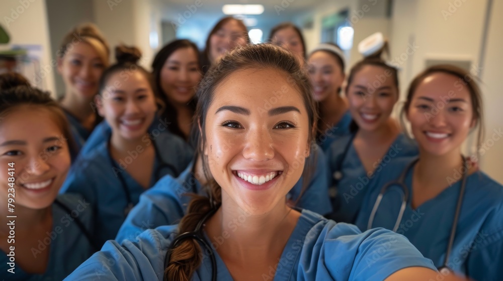 Unified Care: Group of Smiling Female Nurses Taking a Selfie Together in Hospital, Capturing Diversity and Professionalism Unified Care: Group of Smiling Female Nurses Taking a Selfie Together in Hospital, Capturing Diversity and Professionalism