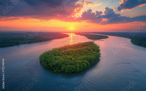 River Delta Sunset, Sunset over a lush river delta with vibrant skies.