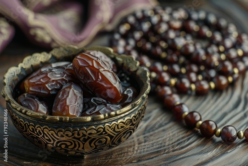 Stock photo of Arabian dates in bowl with prayer beads for Ramadan