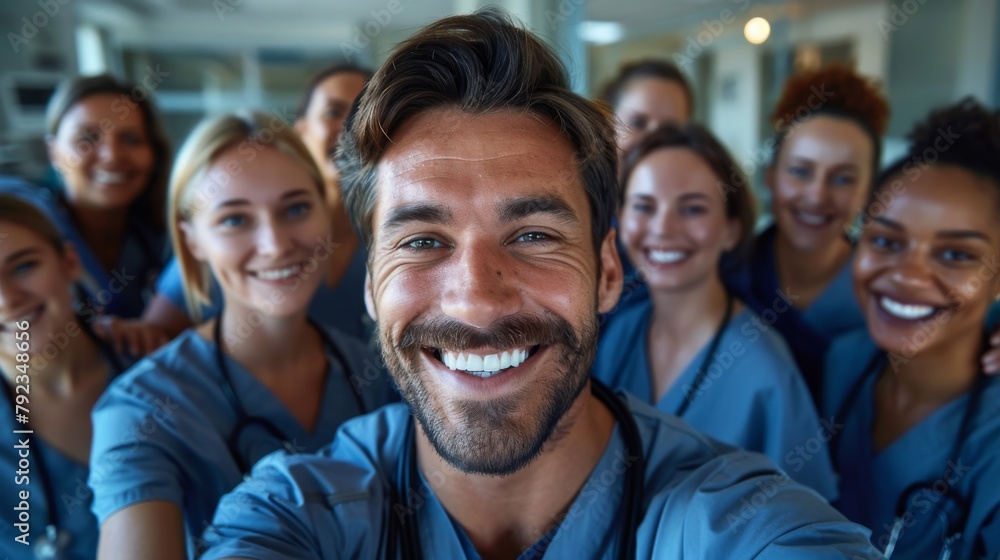 Team Spirit: Group of Smiling Nurses Taking a Selfie Together in Hospital, Showcasing Professionalism and Unity Team Spirit: Group of Smiling Nurses Taking a Selfie Together in Hospital, Showcasing Professionalism and Unity