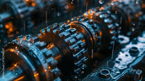 Close-up of Machine Gears ; science and technology light reflection color, close up view of a gears, Blue gears technology background, hi-tech digital technology and engineering Ai generated 