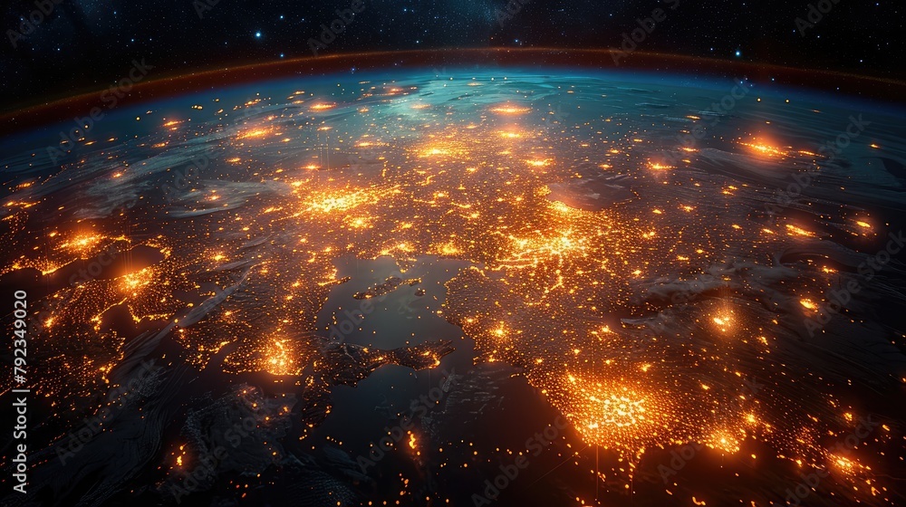 Naklejka premium Strands of light weave across continents, bridging distant lands and cultures, symbolizing the unifying power of technology in fostering global communication and collaboration.,art illustration