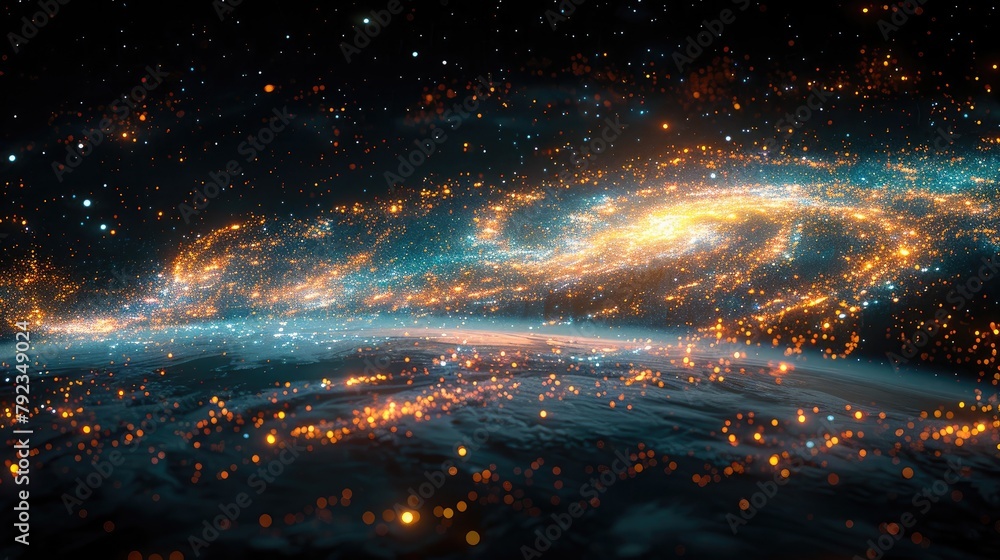 Digital galaxies orbit the Earth, connected by luminous filaments of data, representing the expansive reach of technology into every corner of the world. stock photo