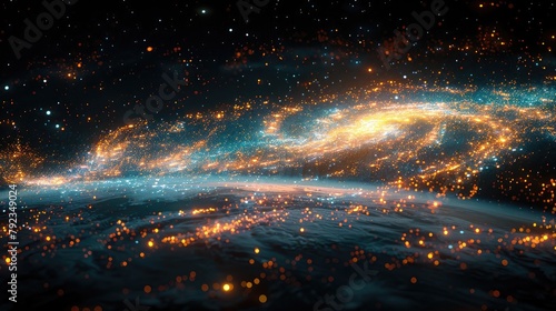 Digital galaxies orbit the Earth, connected by luminous filaments of data, representing the expansive reach of technology into every corner of the world. stock photo