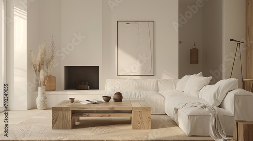 Minimalist Living Room with White Sofa, Neutral Beige Accents, and Pampas Grass in Warm Japanese Wabi-Sabi Aesthetic, White Wall, 3D Render Illustration 