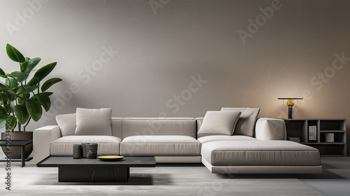 modern living room interior background, beige sofa and plant with empty white wall backdrop, illustration， 3d rendering