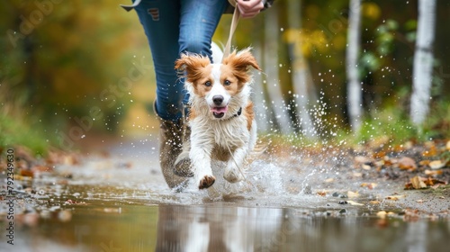 A dog owner laughing as their playful pup splashes in a puddle during a walk. 