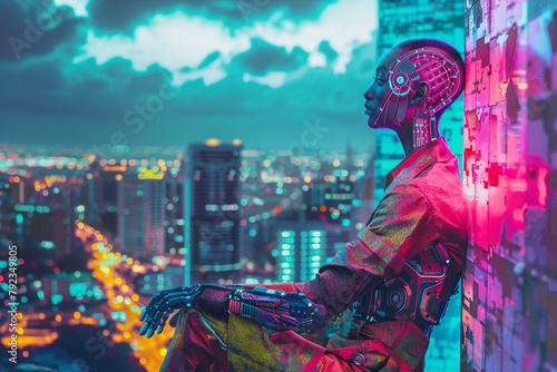 Cybernetics Human with bionic limbs styled in 70s fashion against a backdrop of futuristic metropolis photo
