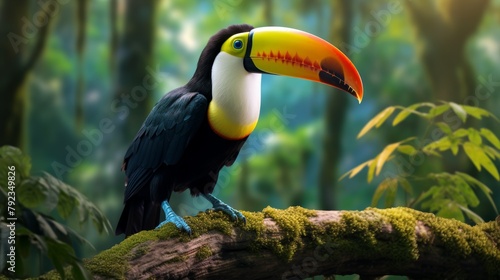 Tucan ramphastos toco on beautiful amazon forest background, Ramphastidae in a rainforest 
 photo
