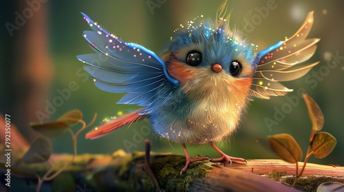 cartoon flying  bird with twinkling lights on nature background © Sundas