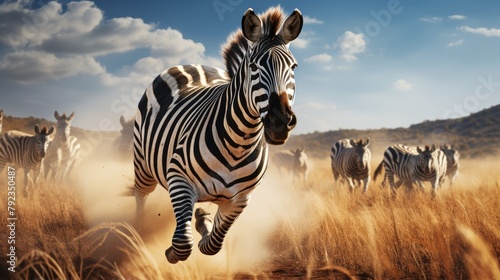 photo wildlife zebra running on savanna 