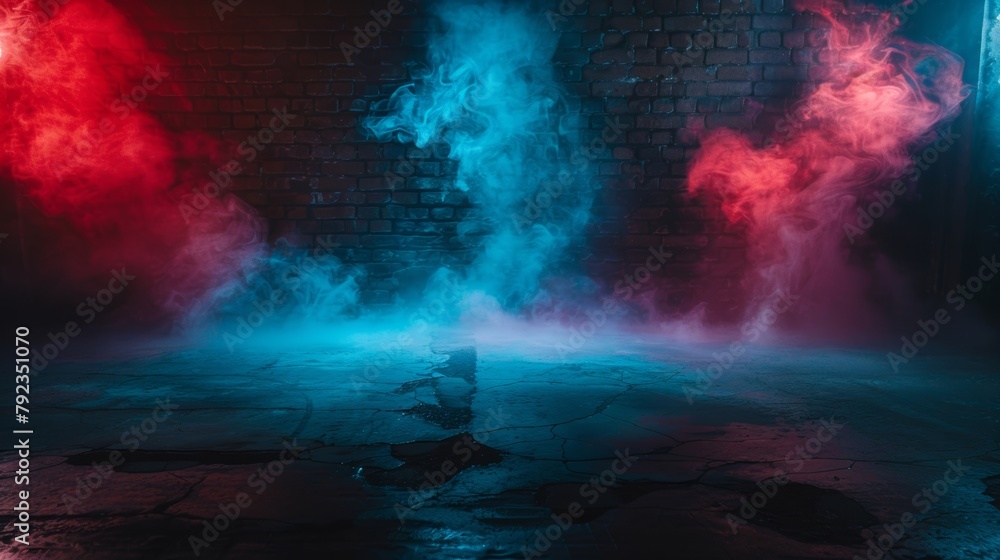 Mysterious red and blue smoke wafts across a cracked floor in a dark, atmospheric industrial setting. Mysterious red and blue smoke wafts across a cracked floor in a dark, atmospheric industrial setting.