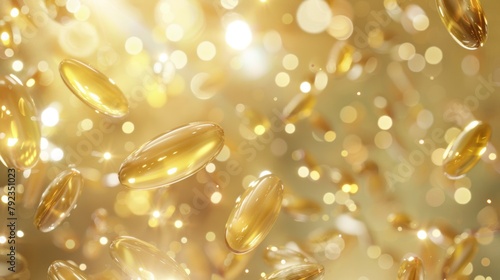 Close-up of golden fish oil capsules with a radiant bokeh light effect in the background.