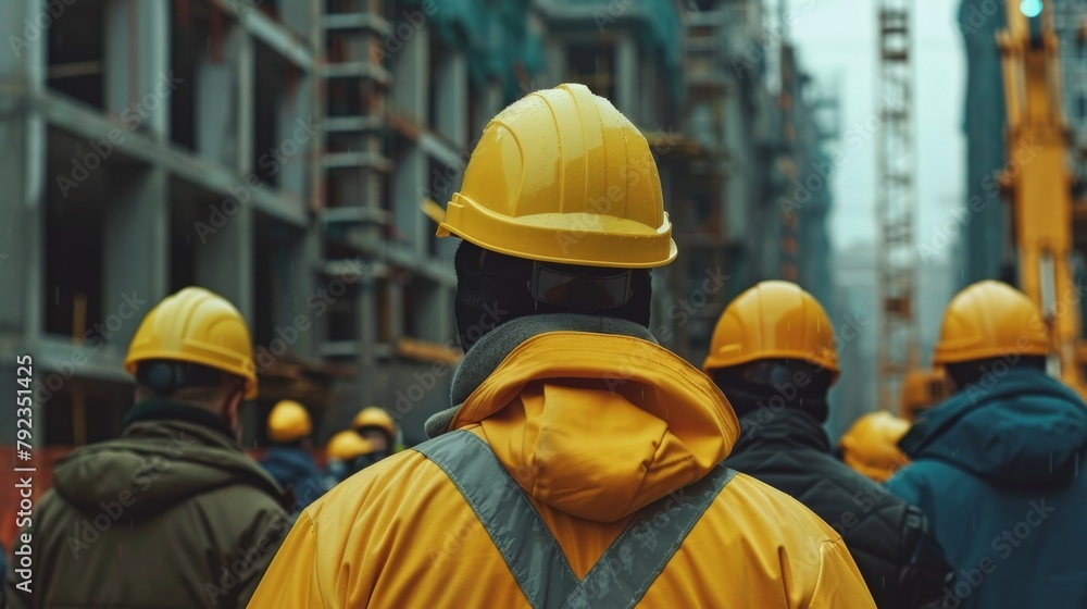 A group of construction workers in high-visibility jackets and safety helmets at a busy construction site. A group of construction workers in high-visibility jackets and safety helmets at a busy construction site.