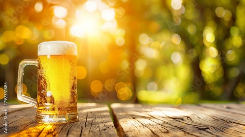 Frosted beer mug with golden ale on a wooden table, backlit by a bright, warm sun. photo