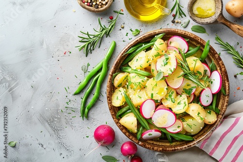 Delicious potato salad with green beans radishes herbs olive oil mustard sauce on a light concrete background Top view with copy space photo