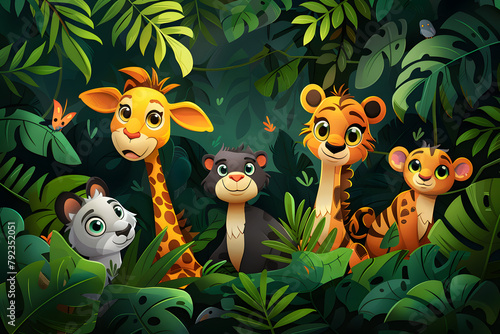 animal cartoon depictions of exotic creatures frolic amidst the lush greenery