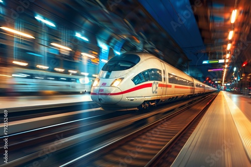 High speed passenger train leaving station at night with blur effect photo