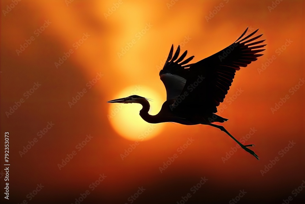 Naklejka premium Heron Flying in The Sky at sunset